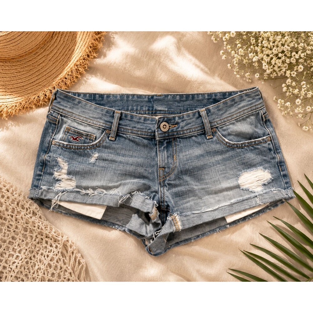 Hollister California Low Rise Distressed Cut Off Denim Shorts Blue Women's 5 y2k